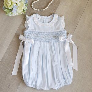 Blue Smocked Romper Hand Embroidery Girl's Size 9 Month Boutique